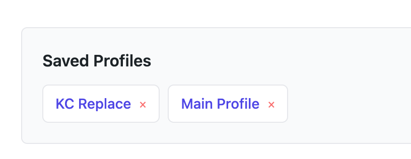 Saved profiles list with quick-load buttons