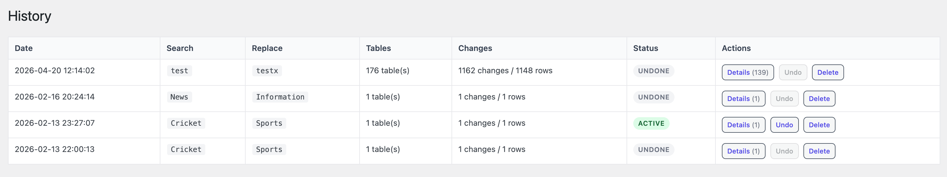 Operation history table with search, date, and row counts