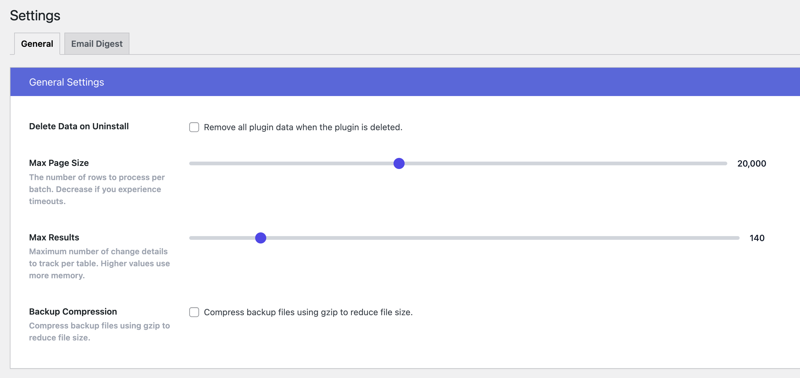 Settings page with page size and performance options