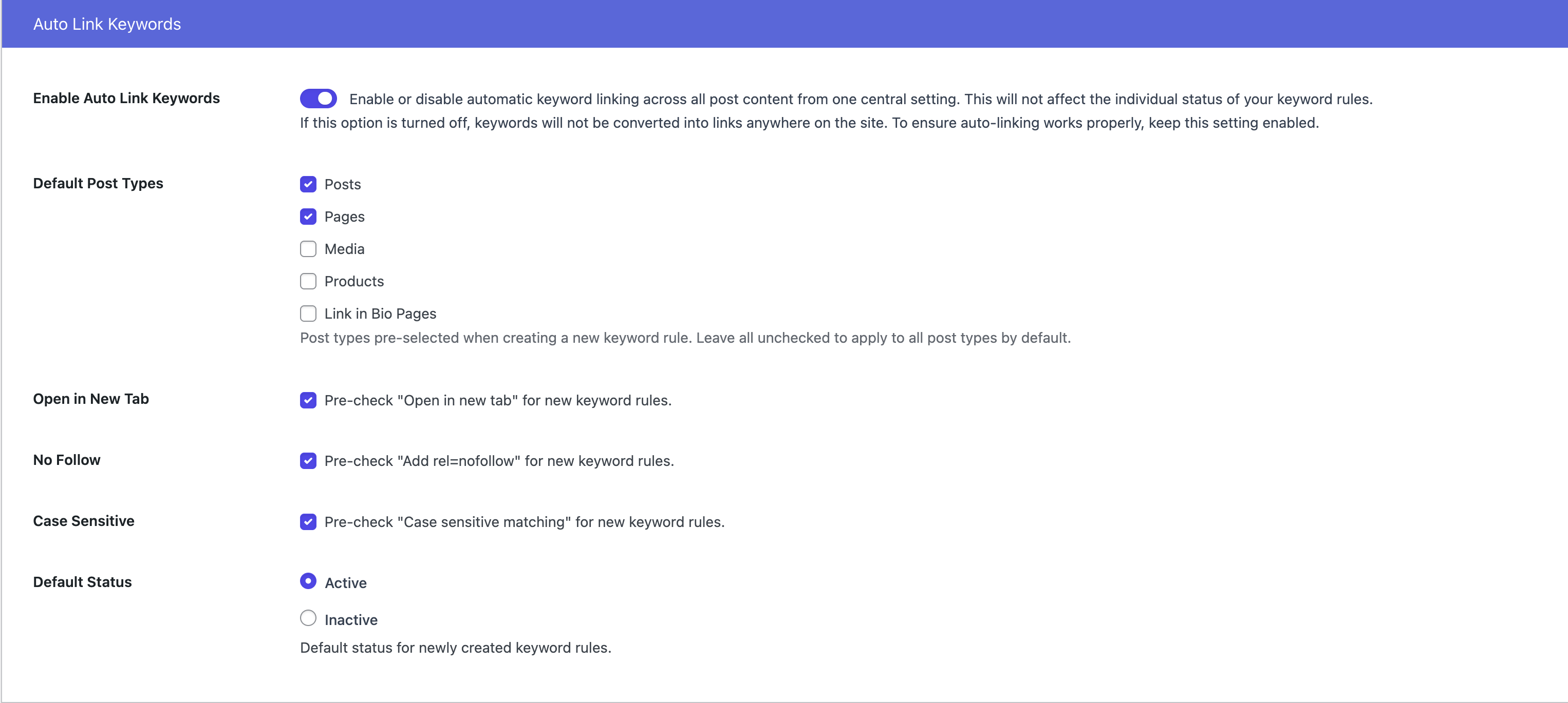 Auto Link Keywords configuration screen