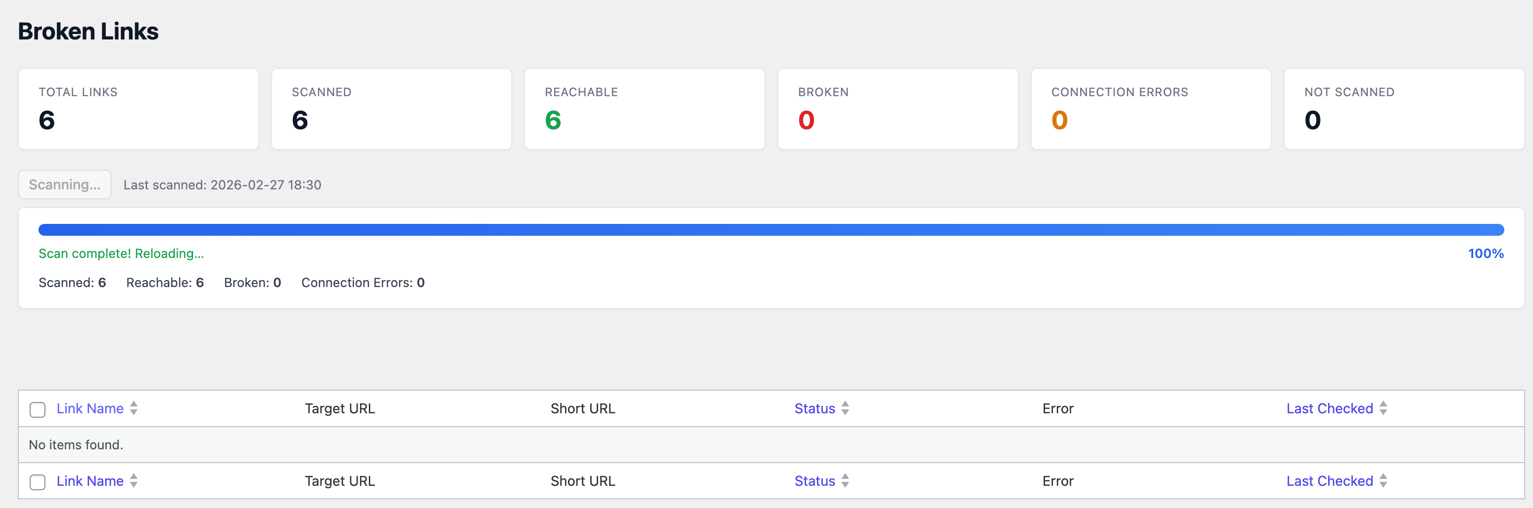 Broken Link Checker dashboard showing status of all links