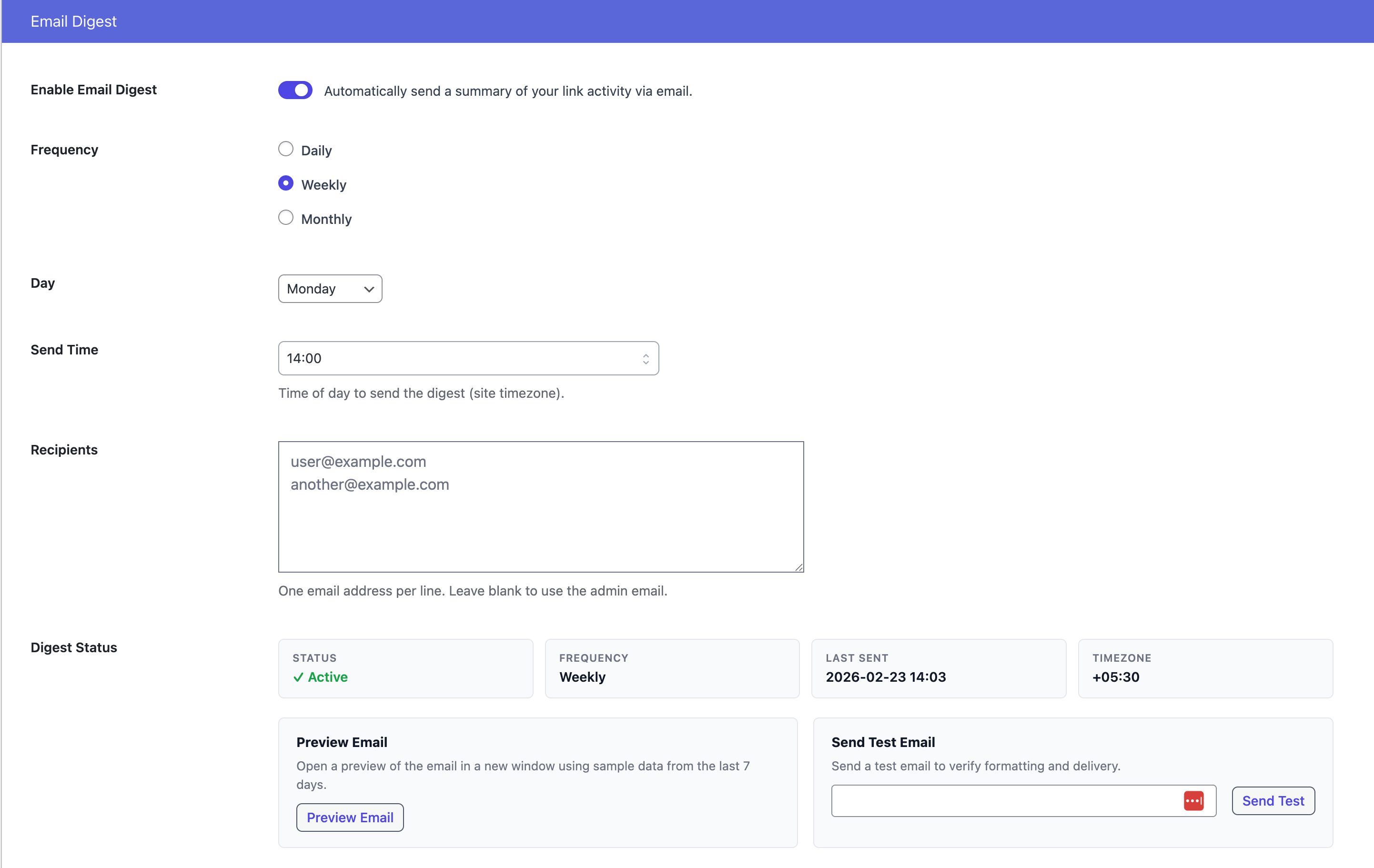 Email Digest settings screen with frequency and recipient options