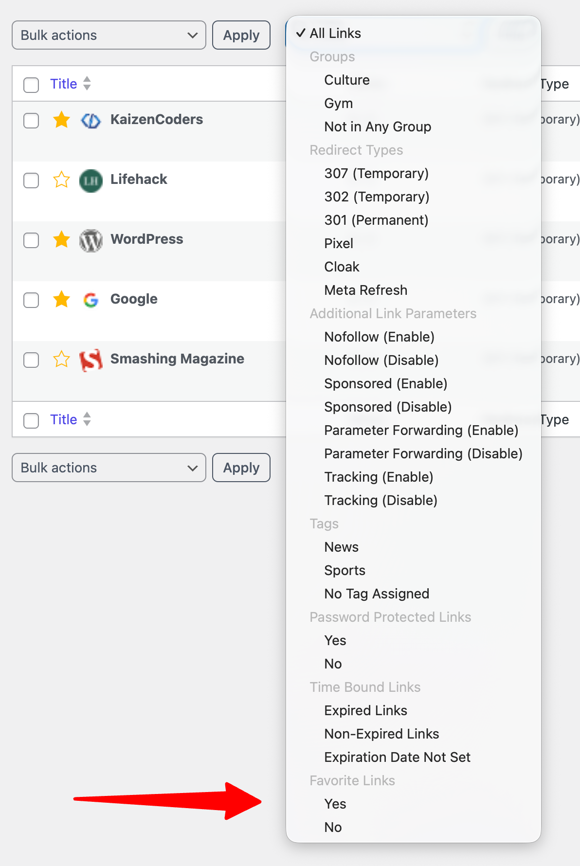 Filter Favorite Links